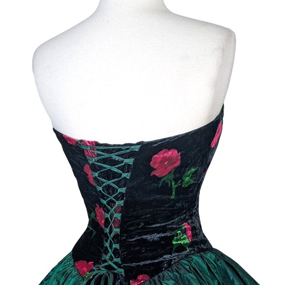 Vintage 80s CORSET Rose Floral Black Velvet Strapless Green Prom Party Dress S - Picture 15 of 16